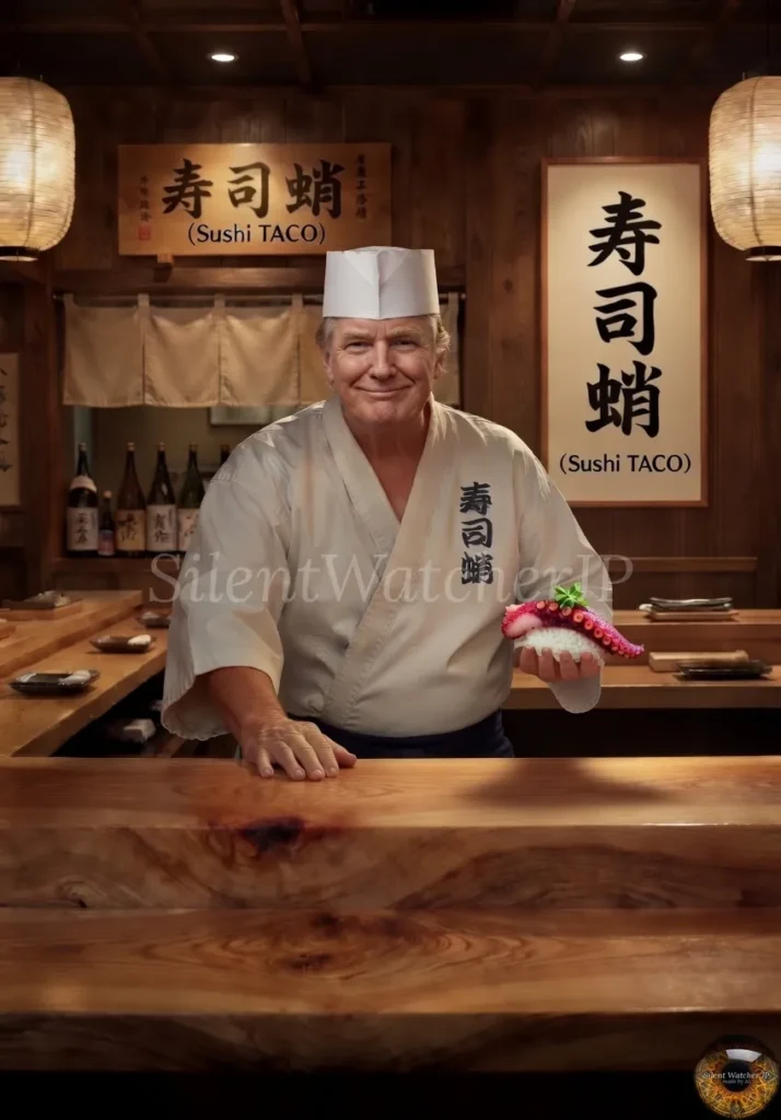 With a broad, beaming smile, Donald Trump recommends the octopus nigiri.